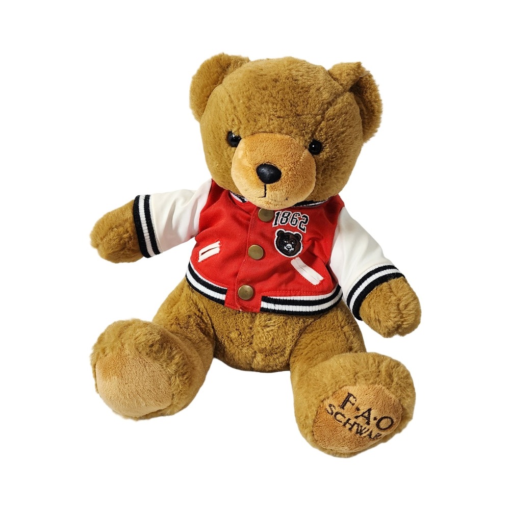 FAO Schwarz‎ Teddy Bear Plush Red Varsity Letterman Jacket 1862 Brown 12 inch